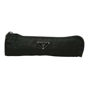 Prada Triangle Logo Plate - Pencil Case Pouch Black Nylon Leather Women's PRADA